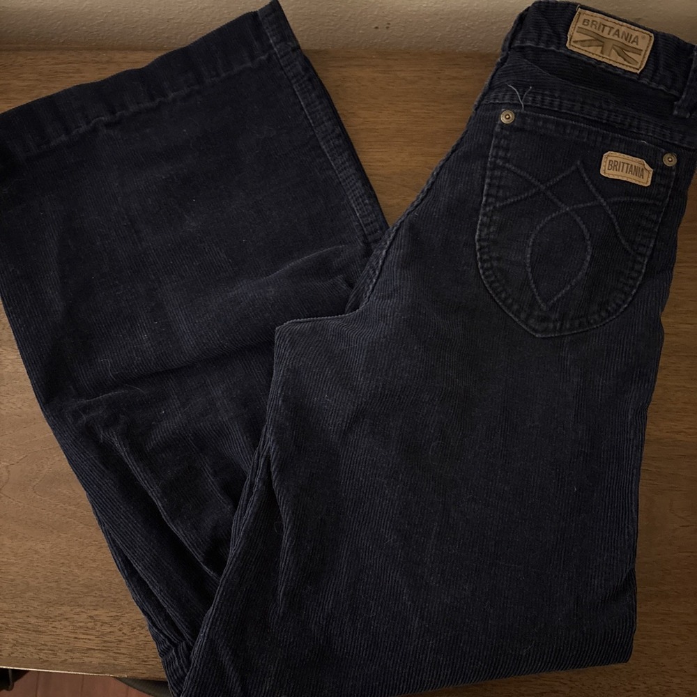 Vintage Brittania Wide Leg Bell Bottom Blue Corduroy 70s‎ Hippie Flare - Size 28